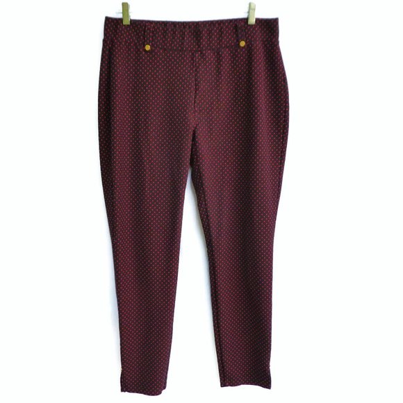 Michael Kors Pants Knit Navy Red Polka Dot Gold Hardware Stretch Split Ankle L - Picture 2 of 10